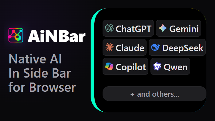 AiNBar Chrome extension with native AI chats like ChatGPT, Claude, Gemini, DeepSeek, and other assistants in the side bar